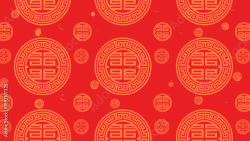 Chinese Coins Pattern on Red Background.