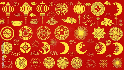 Collection of Golden Chinese Symbols and Lanterns.