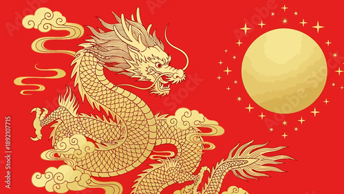 Golden Dragon Illustration with Moon.