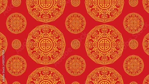 Intricate golden circular patterns on red.