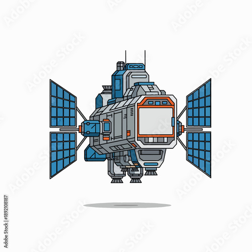 Detailed Illustration of an Advanced Orbital Space Station with Large Solar Panels and Communication Antennas
