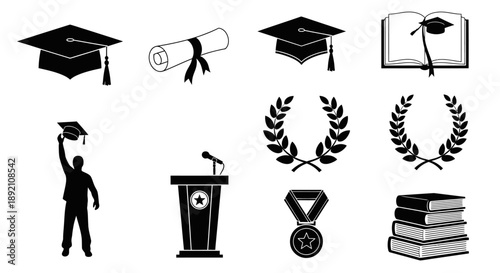 Graduation symbols and academic achievements illustrated in black and white