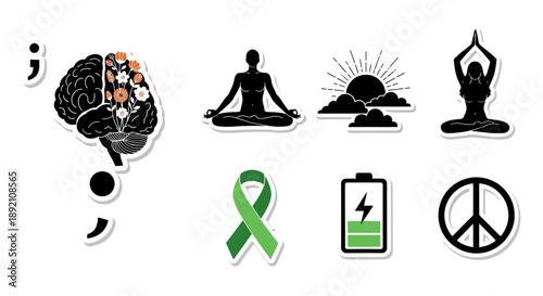Mental health awareness icons brain meditation and symbols of wellbeing