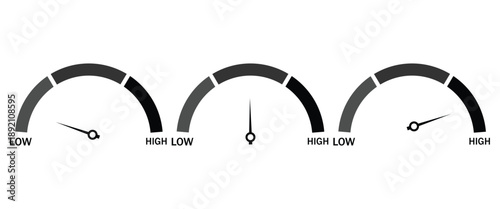 Multicolor Speedometer Gauge Vector Icons – Low, Medium and High Level Dashboard Performance Indicators