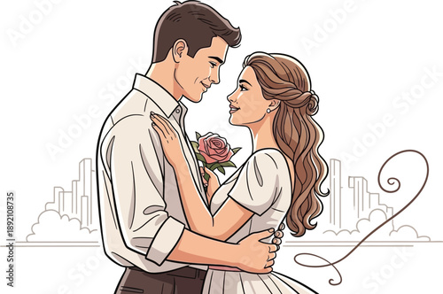 Couple Embraces Holding a Rose