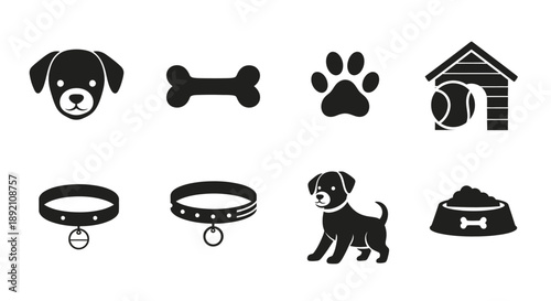 Simple black and white icons depicting common dog related items and pets
