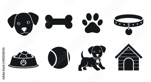 Black and white icons depicting dog related items and a playful puppy