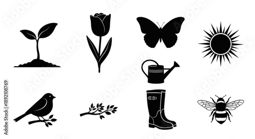 Black silhouette icons depicting nature gardening and springtime elements