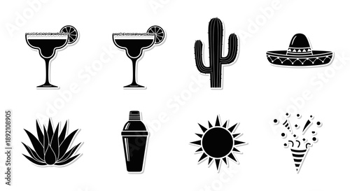 Black and white icons representing mexican culture drinks and celebration