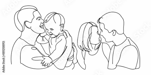 A family of four mother father and two young children interacting