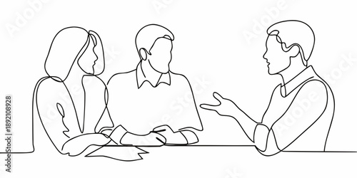 Continuous line drawing of three people in a meeting or conversation