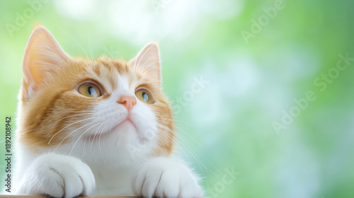 A serene portrait of a curious orange and white cat gazing thoughtfully into the distance with soft green bokeh in the background.
