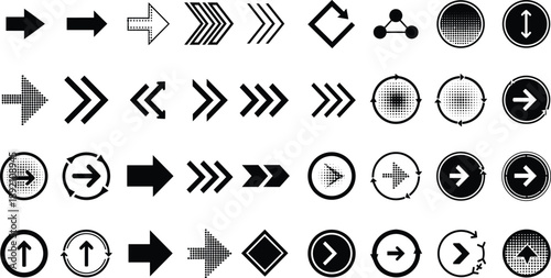 Collection of various arrow and navigation icons in black and white, symbolizing direction and movement, depicted in a grid layout.