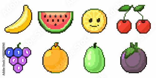Pixelated fruit collection including banana watermelon lemon cherries and grapes