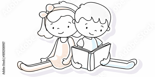Two young children happily reading a book together side by side