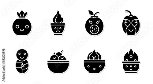 Cute fruit and vegetable icons with smiling faces in a black glyph style
