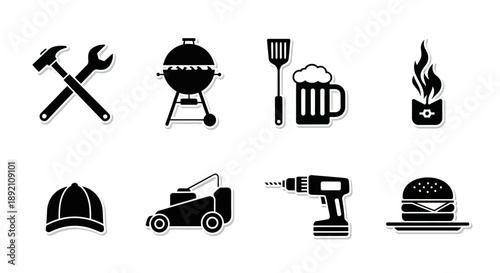 Black and white icons representing tools grilling and outdoor activities