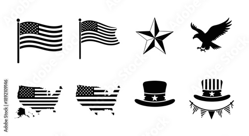 American patriotic symbols including flags star eagle and uncle sam hat