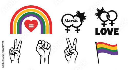 Pride symbols including a rainbow hands and equality signs