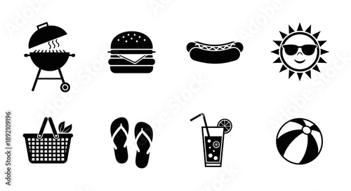 Summer icons depicting barbecue food and beach related items