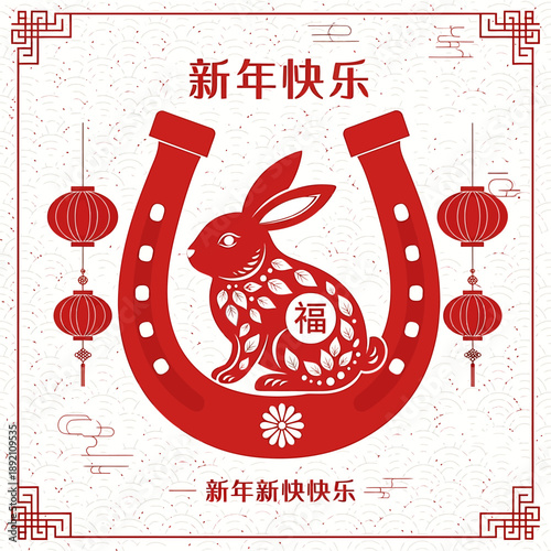 Red rabbit in horseshoe with Chinese New Year greetings.