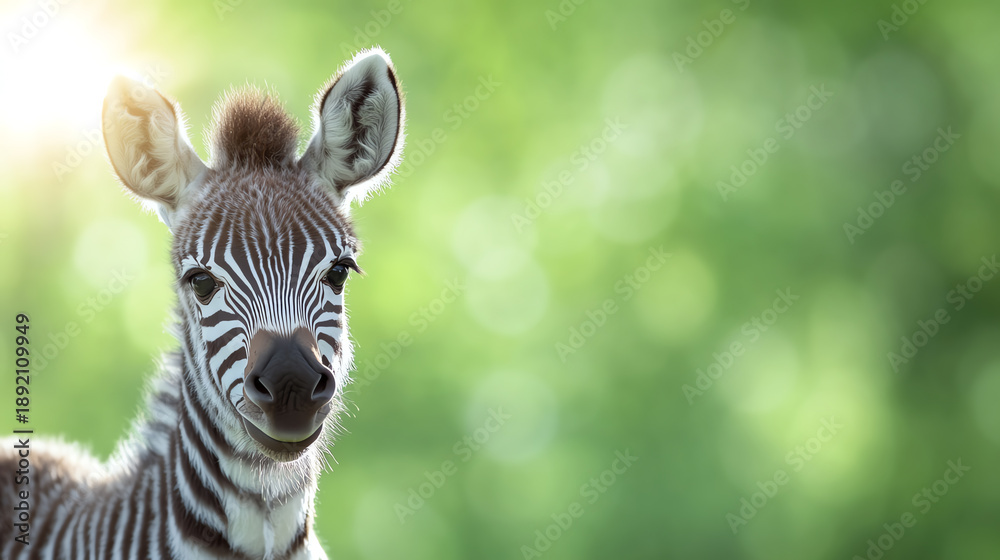 Fototapeta premium A young zebra stands in a lush green environment, showcasing its striking black and white stripes under soft natural lighting.