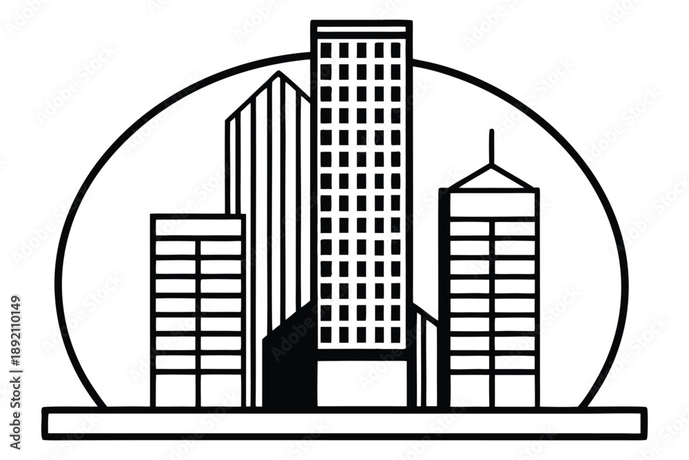 Fototapeta premium IsometricBlackWhiteBuildingsWithRadioTowerAndStreetlightVectorIllustration