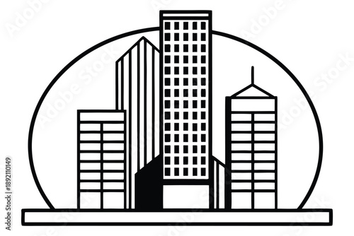 IsometricBlackWhiteBuildingsWithRadioTowerAndStreetlightVectorIllustration