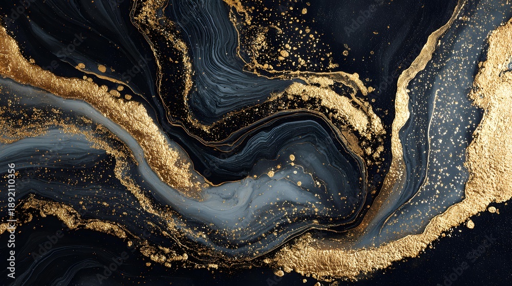 Fototapeta premium Black ink marbling texture with gold veins, luxury fluid art