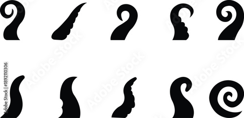 Octopus Tentacle Icon set, Vector Sea Monster Arm Silhouette, Kraken Tentacles Symbol, Curled octopus tentacles Marine Animal for Logo ultra sharp focus, sea life Tattoo, Game, Fantasy Design template