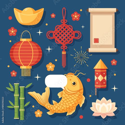 Chinese New Year celebration elements with golden fish and lanterns.