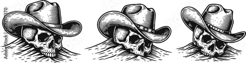 Three skulls wearing cowboy hats in different tilted positions, vintage black and white ink illustration