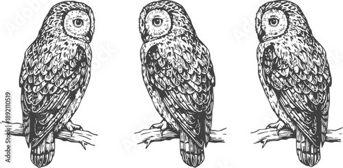 detailed black and white owl illustrations perched on branches with intricate feather patterns