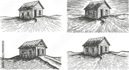 Four rustic wooden cabins on uneven terrain with textured shading and detailed wood grain design