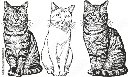 Three sitting cats illustration hand drawn feline sketches with different patterns and poses black and white line art