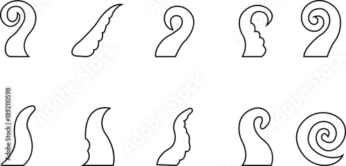 Octopus Tentacle Icon set, Vector Sea Monster Arm Silhouette, Kraken Tentacles Symbol, Curled octopus tentacles Marine Animal for Logo ultra sharp focus, sea life Tattoo, Game, Fantasy Design template