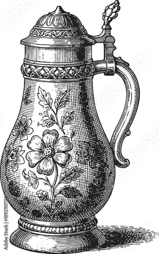 Ornate vintage metal pitcher with floral engraved design and hinged lid