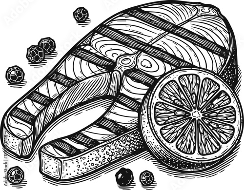Grilled salmon steak with lemon slice and peppercorns seafood illustration with detailed line art