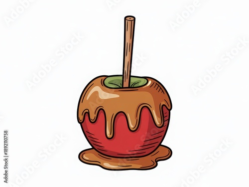 A cartoon candy apple with caramel drizzle isolated on white background