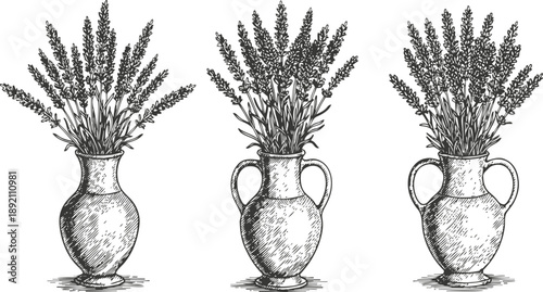 Three vintage vases with dried lavender bunches arranged in rustic floral decoration