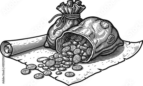Vintage coin bag spilling gold coins onto parchment scroll black and white engraving