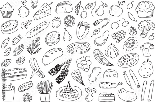 food seamless pattern hand drawn grocery and kitchen ingredients
