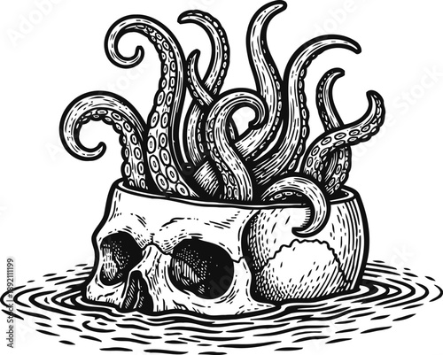 Skull with tentacles emerging from cranium in water, dark fantasy horror illustration