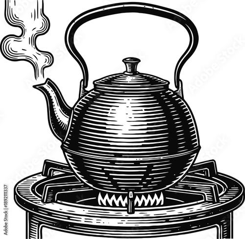 Vintage kettle boiling on gas stove with steam rising in black and white engraving