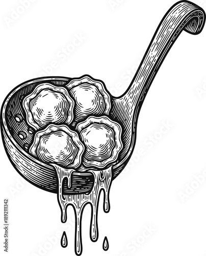 Vintage ladle with melted cheese and ravioli pasta italian food, traditional cooking, rustic kitchen illustration