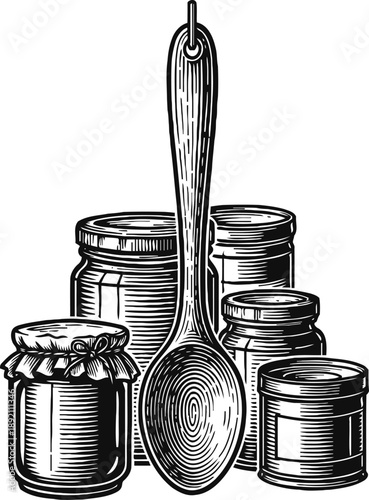 Vintage kitchen jars and wooden spoon rustic canning jars with lids and a hanging wooden spoon illustration