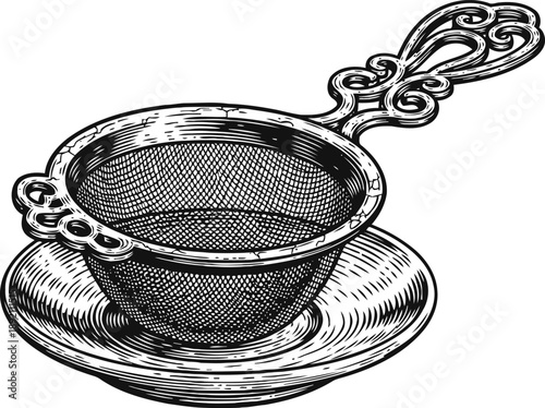 Intricate vintage tea strainer with decorative handle resting on matching saucer