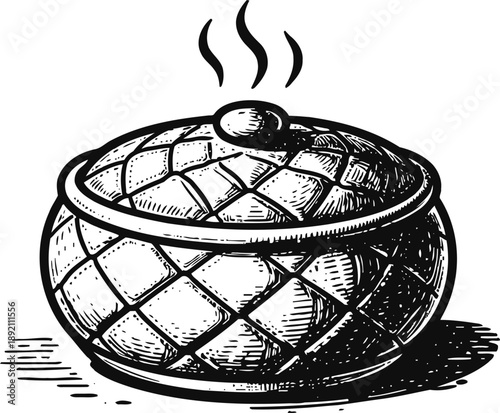 steaming casserole dish with lid hand drawn vintage kitchen cookware hot food container for cooking and serving