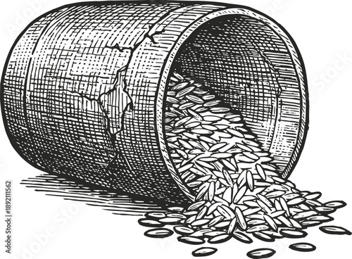 Cracked barrel spilling grains vintage hand drawn illustration of wooden container with scattered cereal seeds