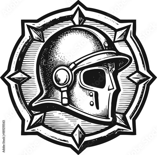 Ancient roman gladiator helmet with skull inside and spiked circular frame emblem design